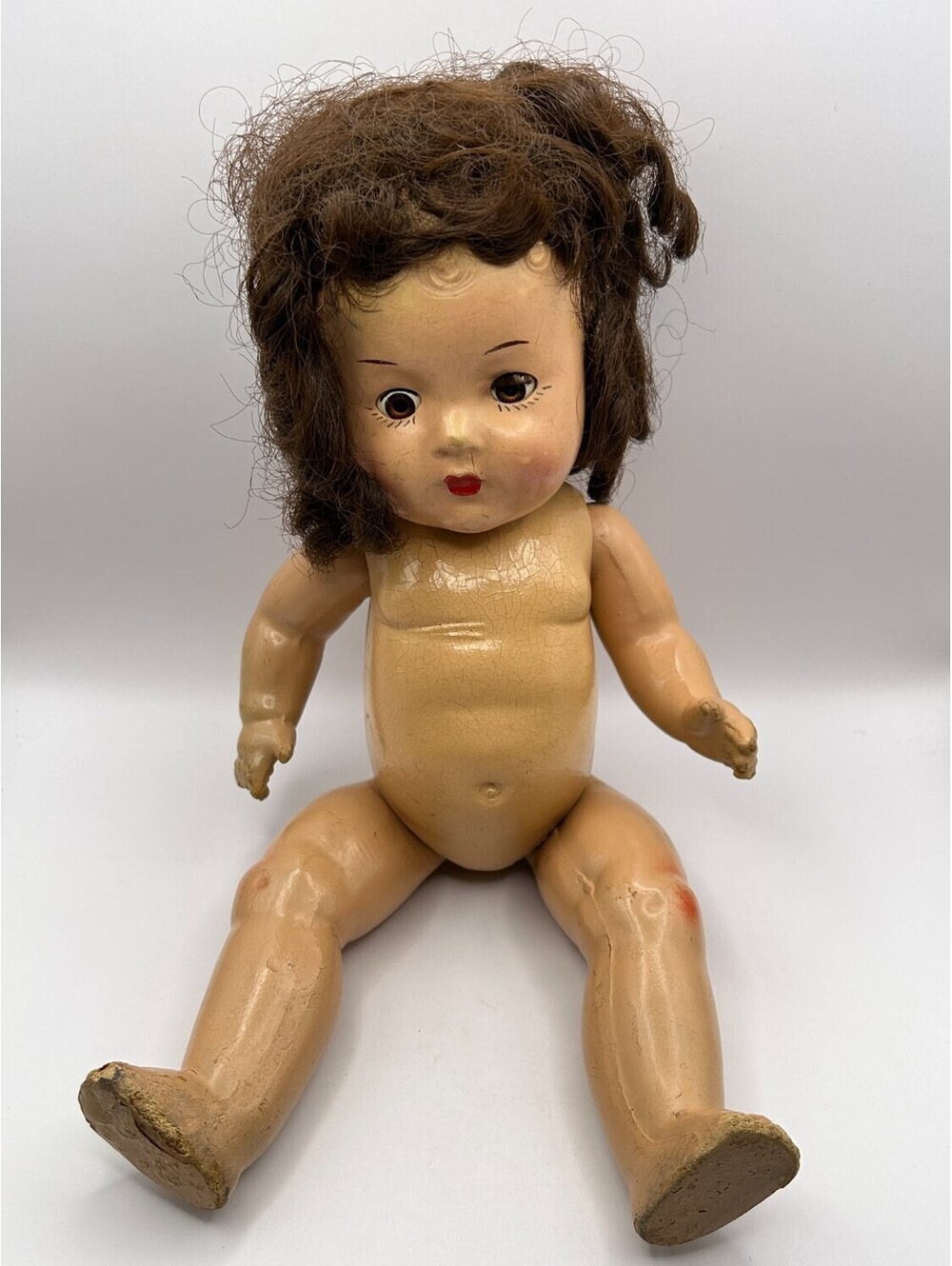1930s 1940s Baby Doll Jointed Pouty Sleep Eyes Brunette Wig tan